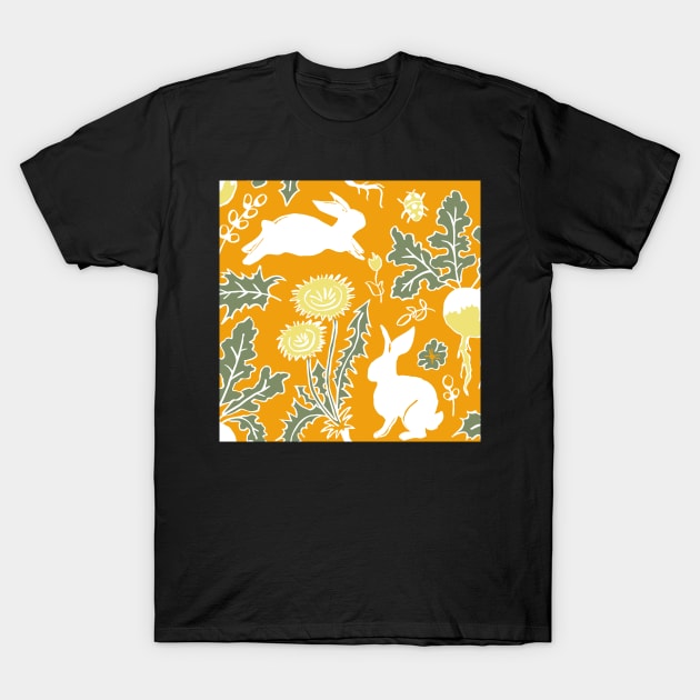 white rabbits in the vegetable garden on marigold background T-Shirt by colorofmagic